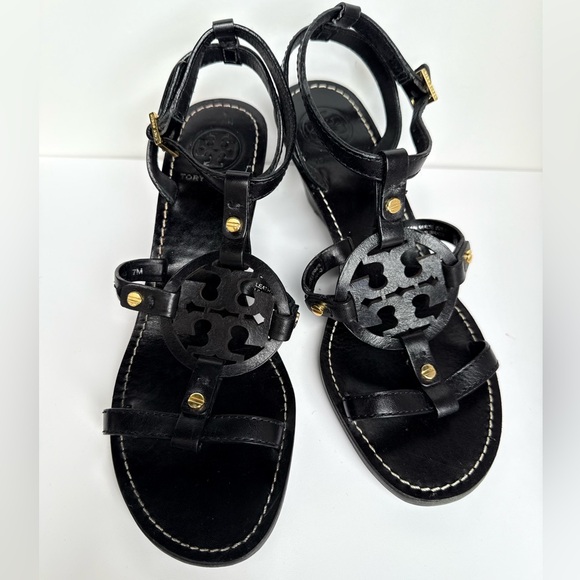 Tory Burch Shoes - Tory Burch Black Leather Miller Logo Wedge Ankle Strap Sandals Size‎ 7M